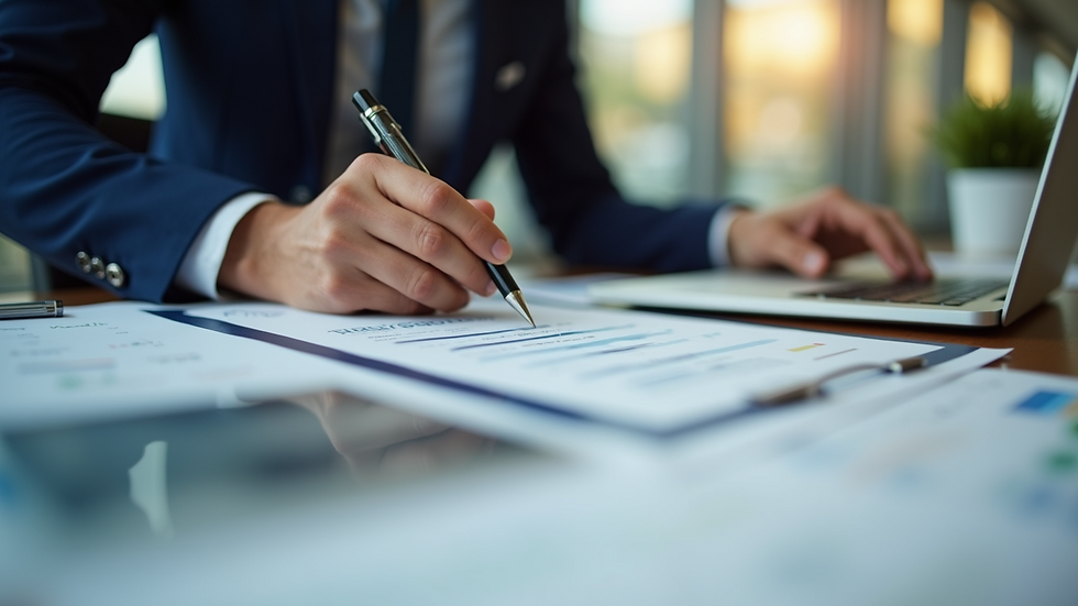 Eye-level view of a business owner reviewing financial documents at a desk