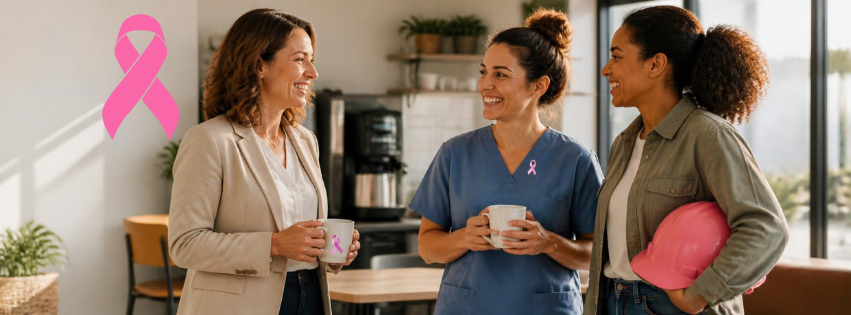 Femmes de différents secteurs professionnels en moment de pause solidaire — Octobre Rose, sensibilisation au dépistage du cancer du sein en entreprise, Kapitch Wellness