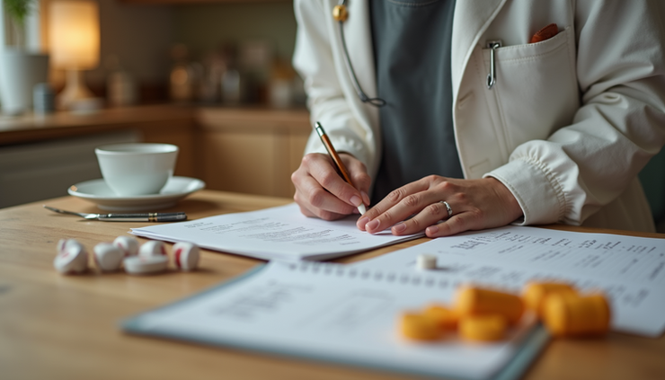 Eye-level view of a caregiver arranging medication and notes on a kitchen table in a cozy home setting