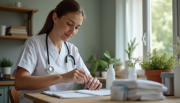 Eye-level view of a home nurse preparing medical supplies on a table in a cozy living room