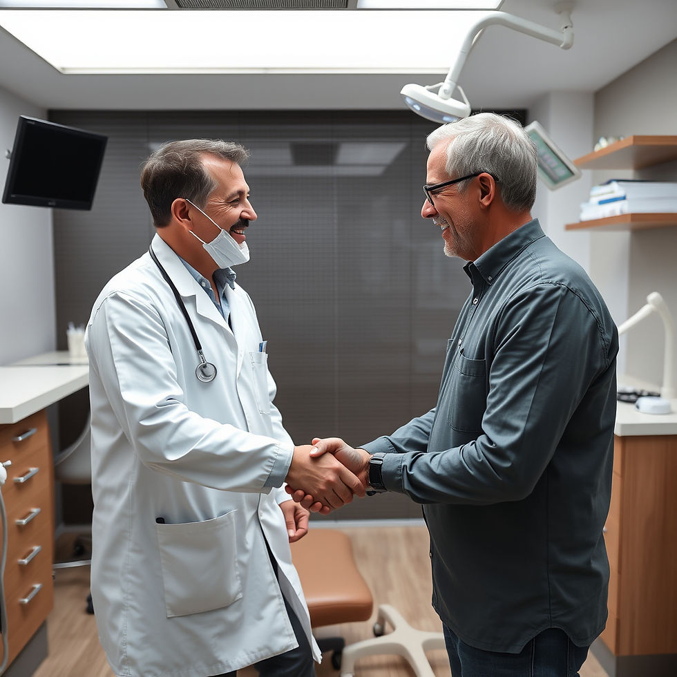 a man in his 50 at a dentist office shaking hands with a dentist in his 50 latin desent in