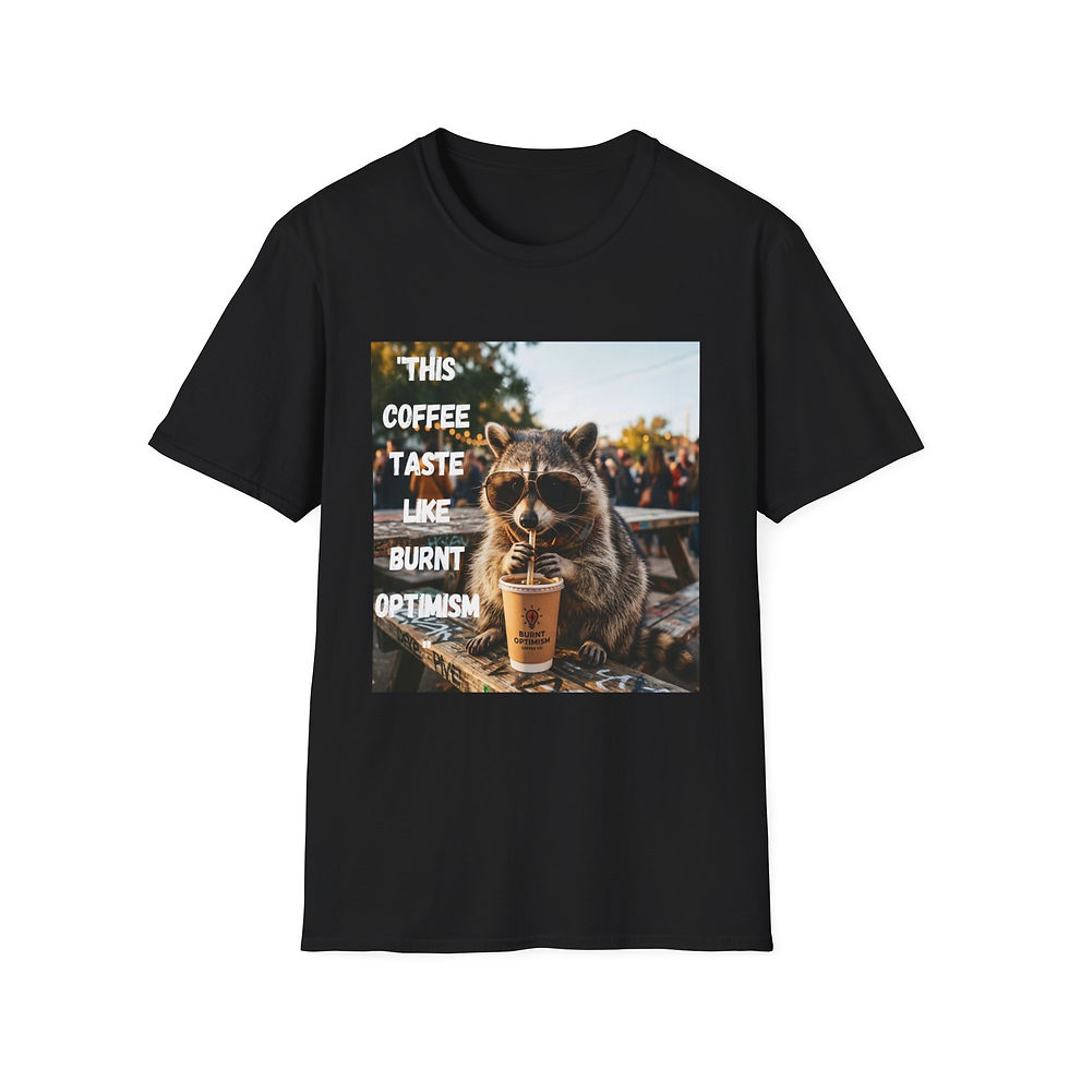 Thumbnail: Raccoon Coffee Tee — "This Coffee Tastes Like Burnt Optimism" Graphic T-Shirt