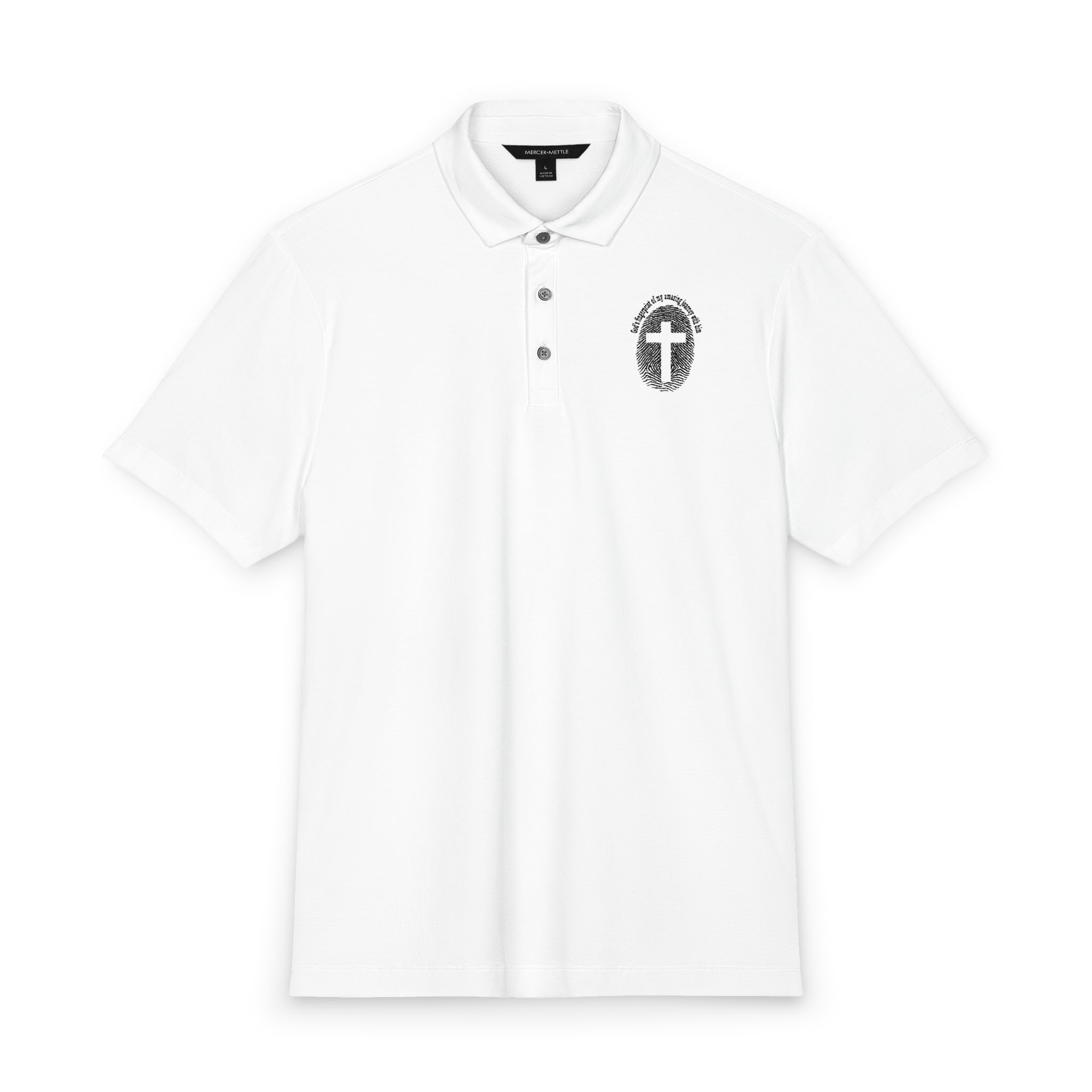 Men's White Polo with Cross Crest — Mercer+Mettle Stretch Jersey