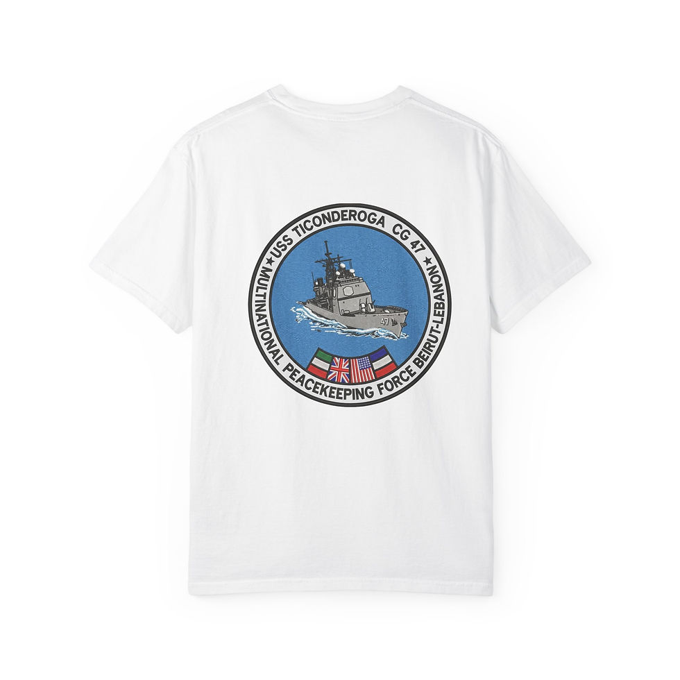 Thumbnail: USS Ticonderoga Ship Patch T-shirt | Naval Peacekeeping Crew Tee
