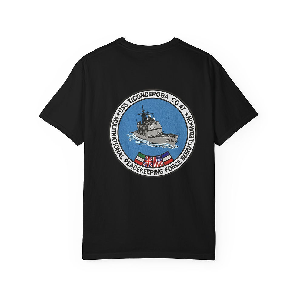 Thumbnail: USS Ticonderoga Ship Patch T-shirt | Naval Peacekeeping Crew Tee