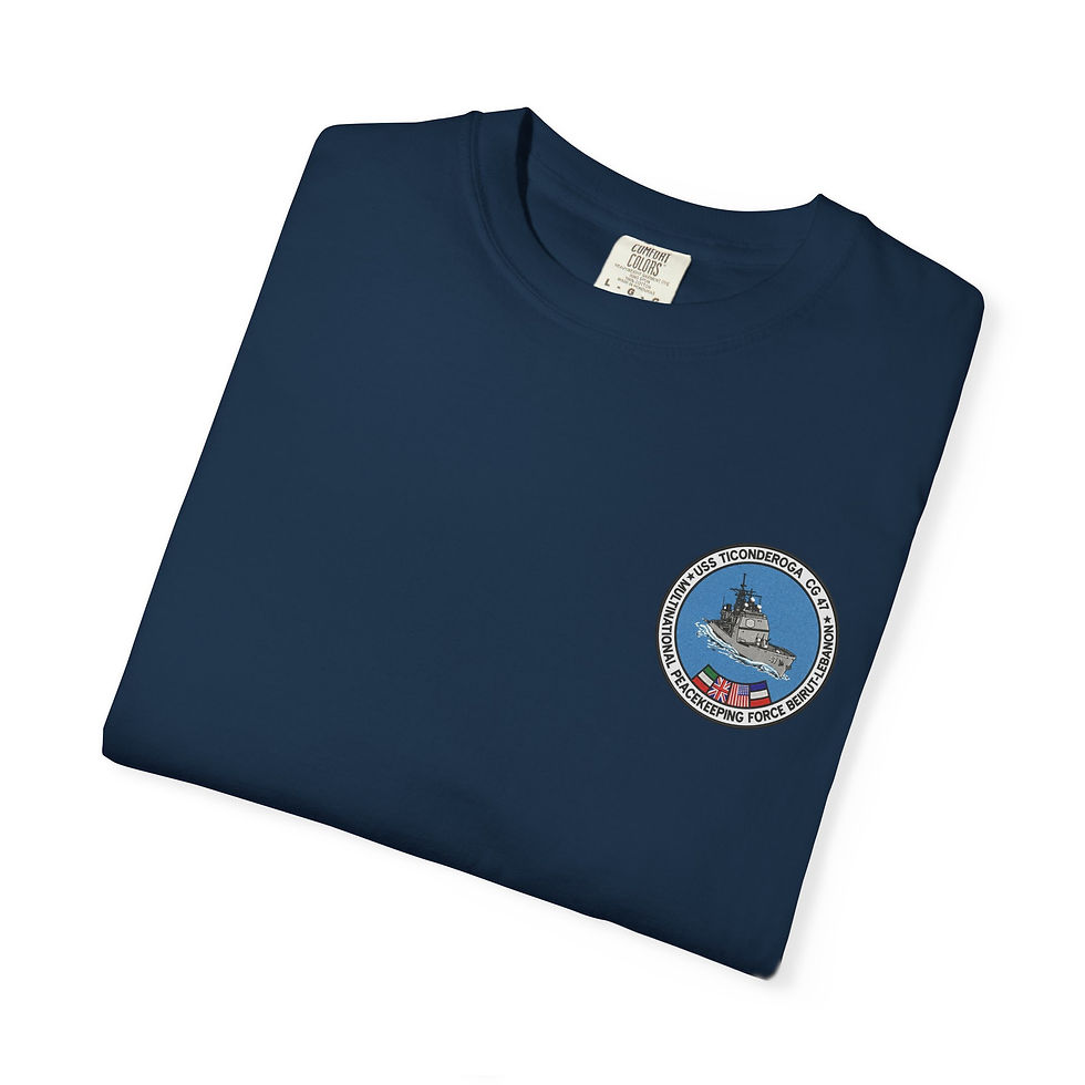 Thumbnail: USS Ticonderoga Ship Patch T-shirt | Naval Peacekeeping Crew Tee