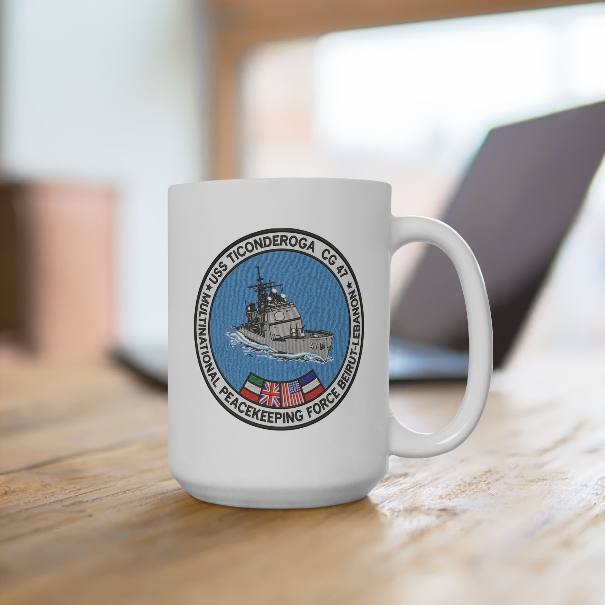 USS Ticonderoga CG 47 Peacekeeping Force Logo Mug | Navy Ship Emblem