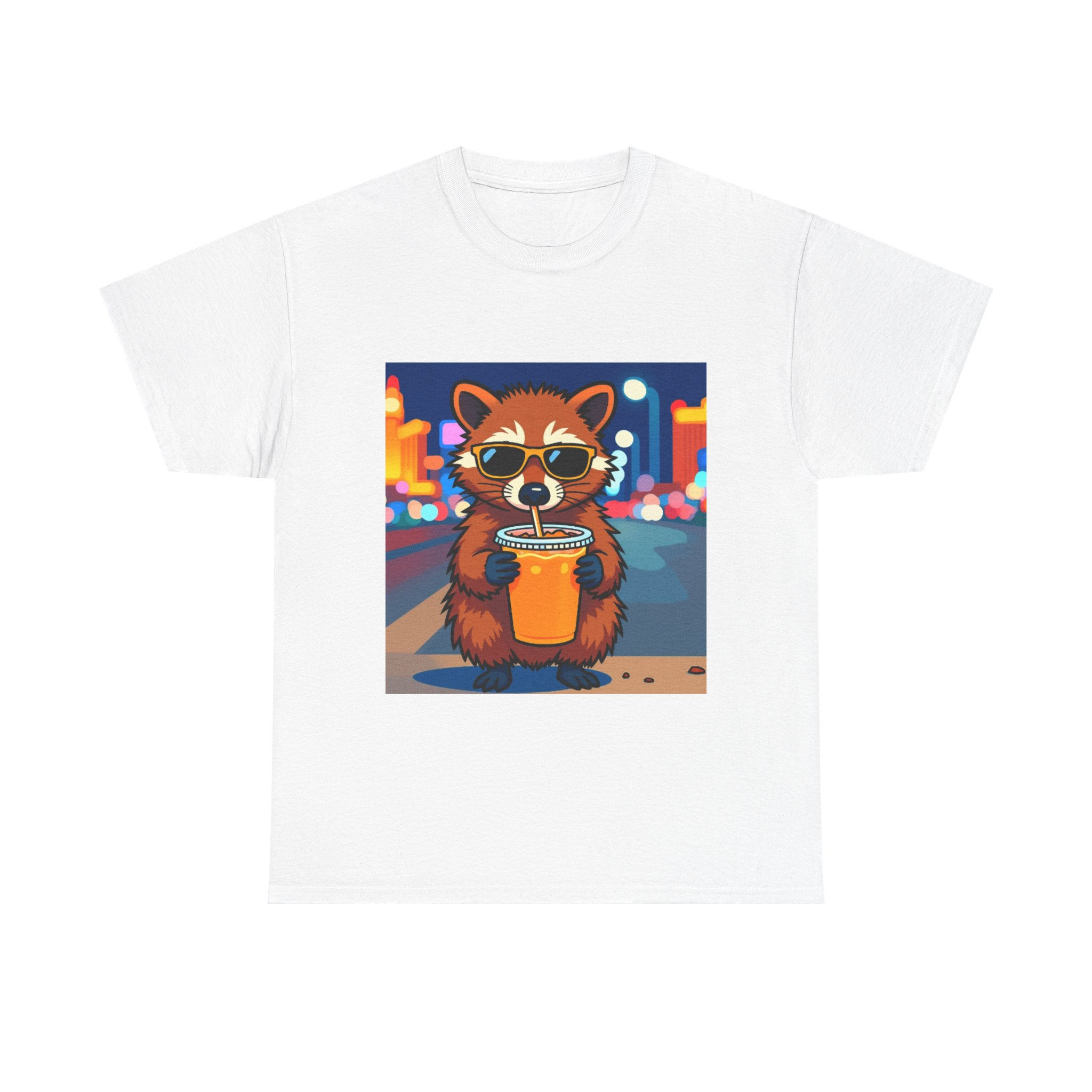Raccoon Night Sip Tee — Cute Urban Raccoon Drinking Bubble Tea T-Shirt