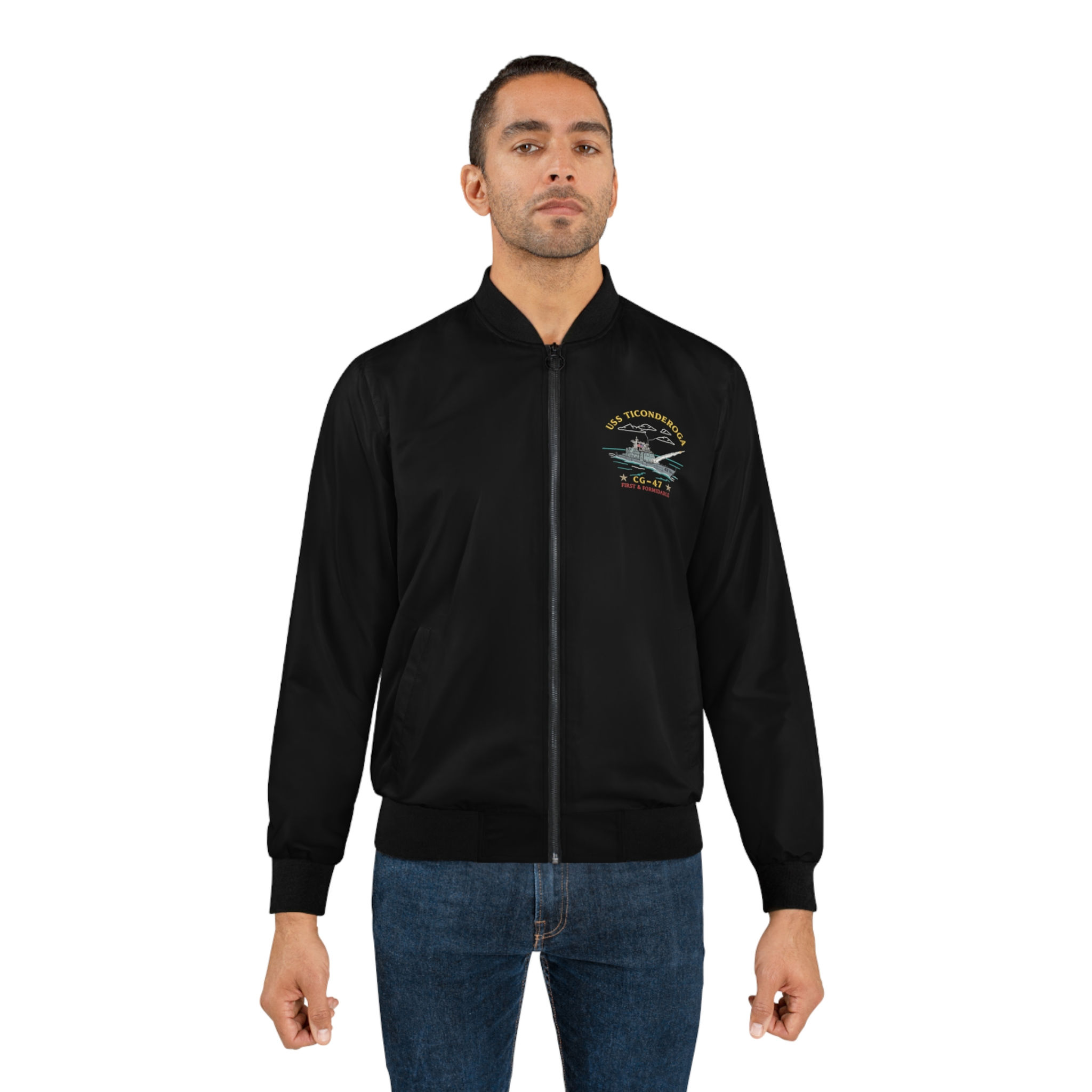 Bomber Jacket — USS Ticonderoga CG‑47 Naval Vintage Patch