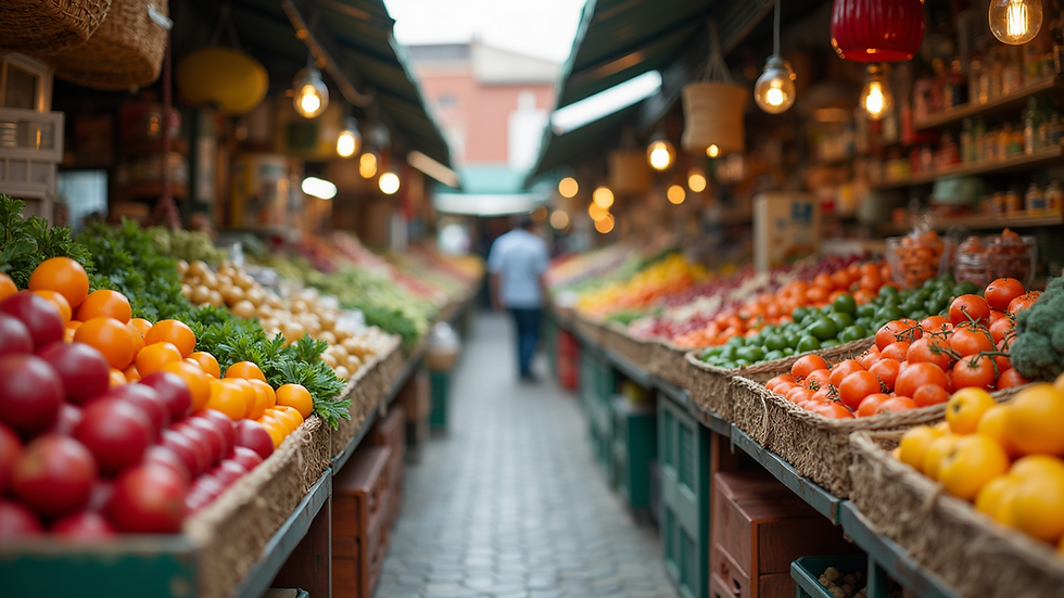 Vista panorámica de un mercado local lleno de colores y productos frescos