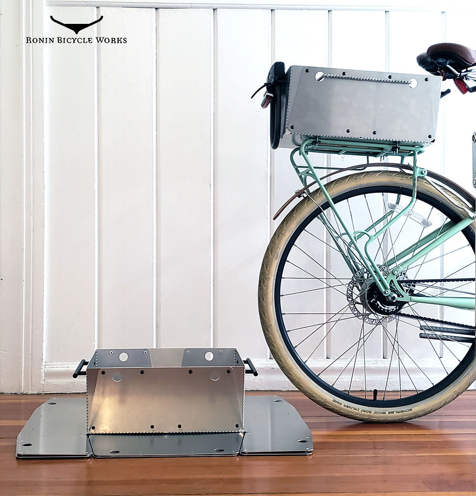 Ronin Basket on two unfolded baskets next to bicycle wheel