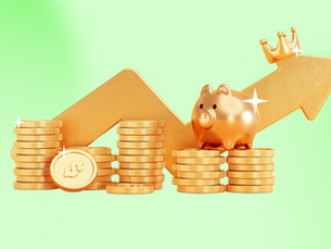 Gráfico financiero con monedas y cerdito dorado simbolizando ahorro fiscal y crecimiento empresarial con bcount.