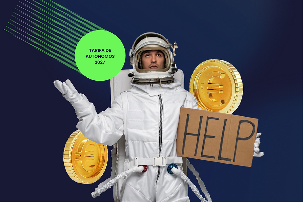 Persona vestida de astronauta con cartel de ‘HELP’, rodeada de monedas doradas de euro, bajo el título ‘Tarifa de autónomos 2027’. Imagen conceptual que representa la confusión o dificultad de los autónomos ante las nuevas cuotas.