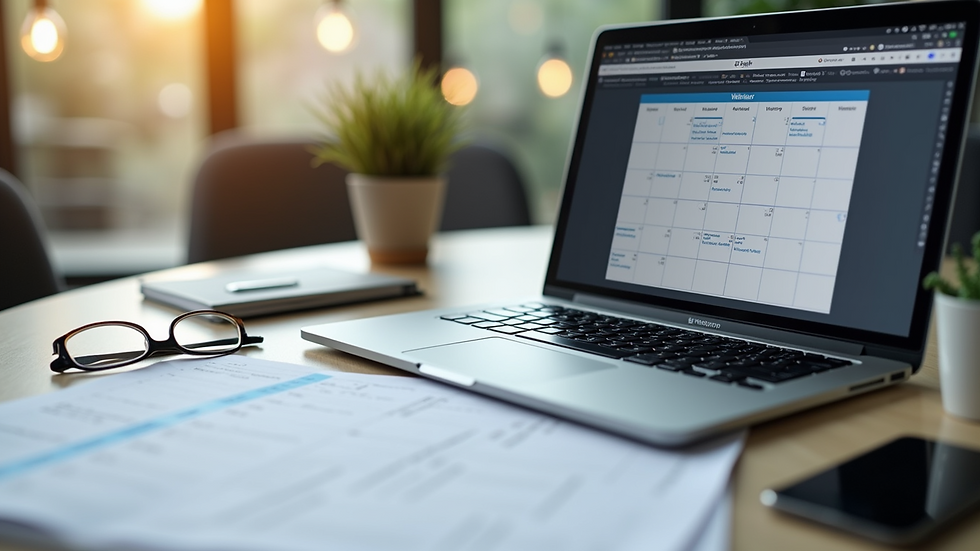 High angle view of a calendar and a laptop showing webinar schedule