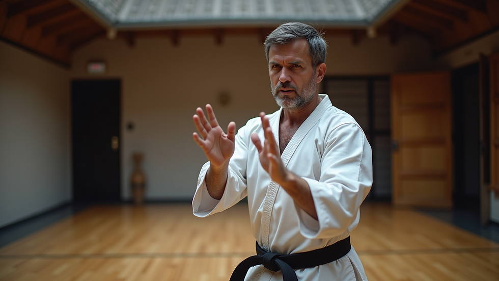 High angle view of a martial arts instructor demonstrating a technique