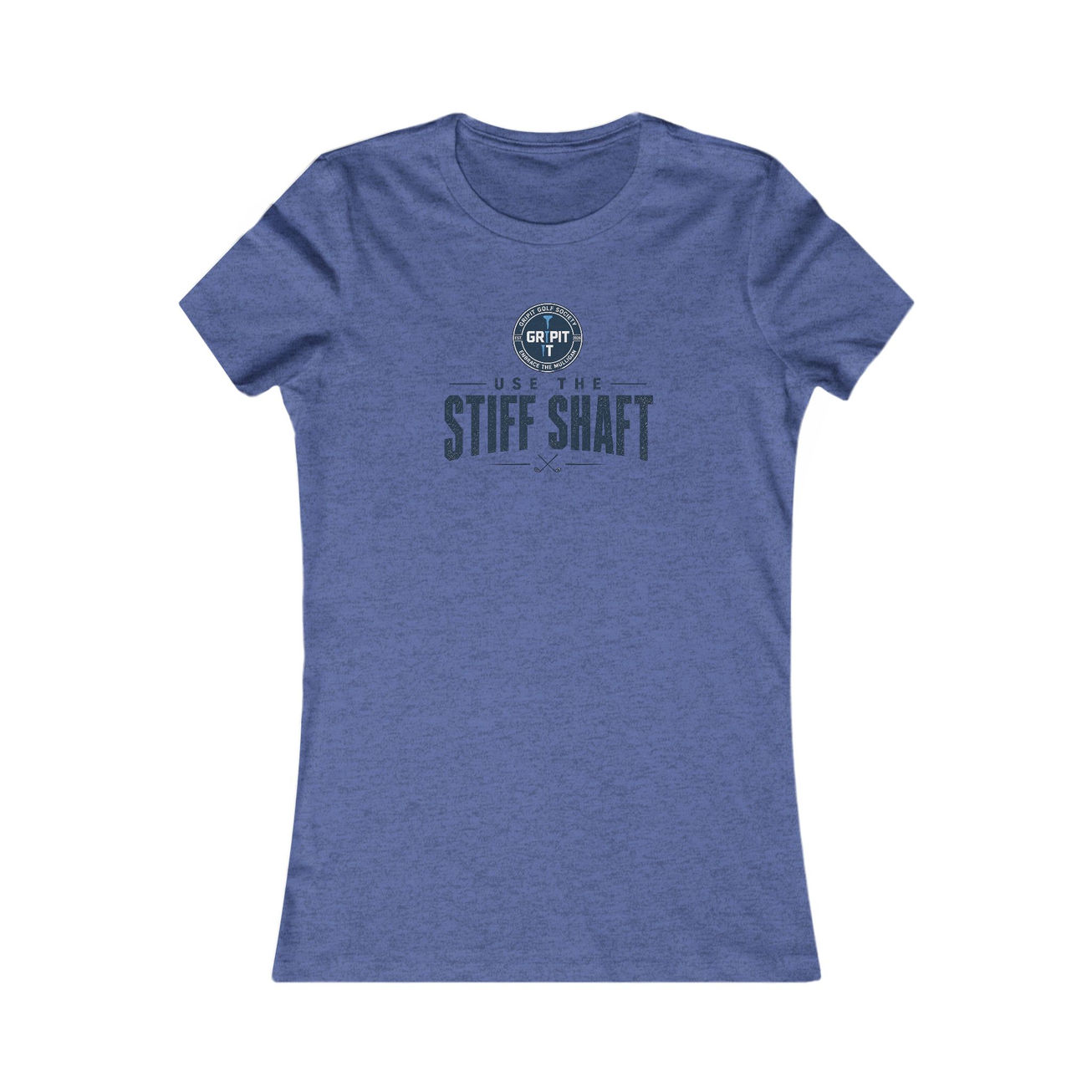 Women's blue golf t-shirt with 'STIFF SHAFT' logo