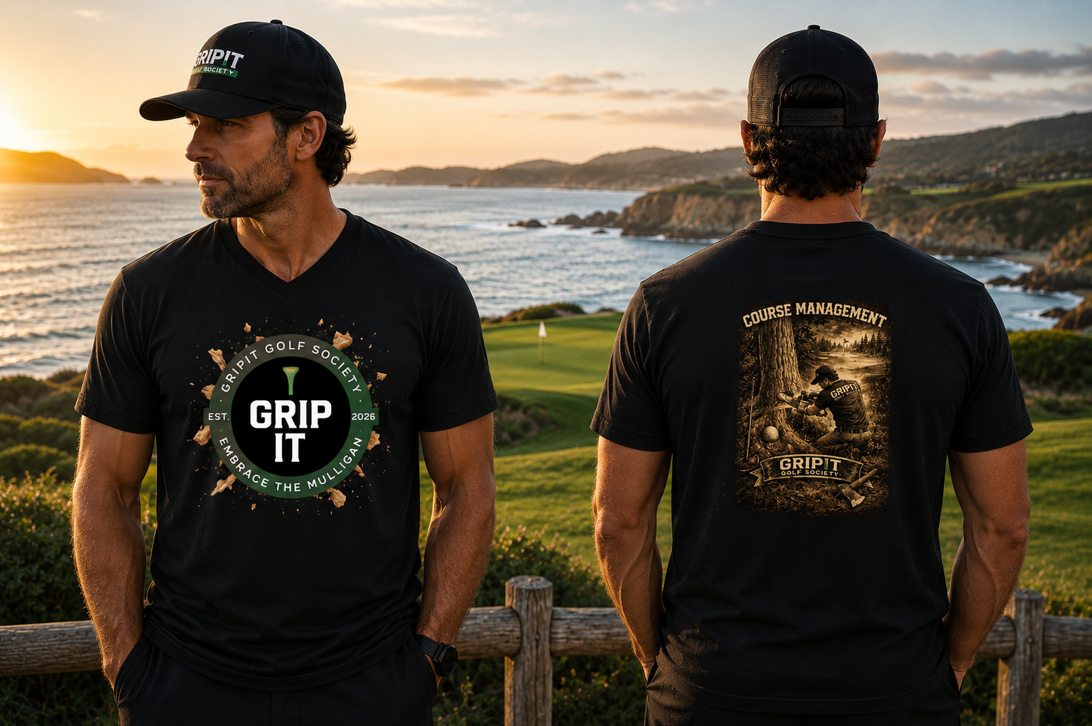 GRIPIT cap and 'Get In The Hole' golf t-shirts, front and back designs