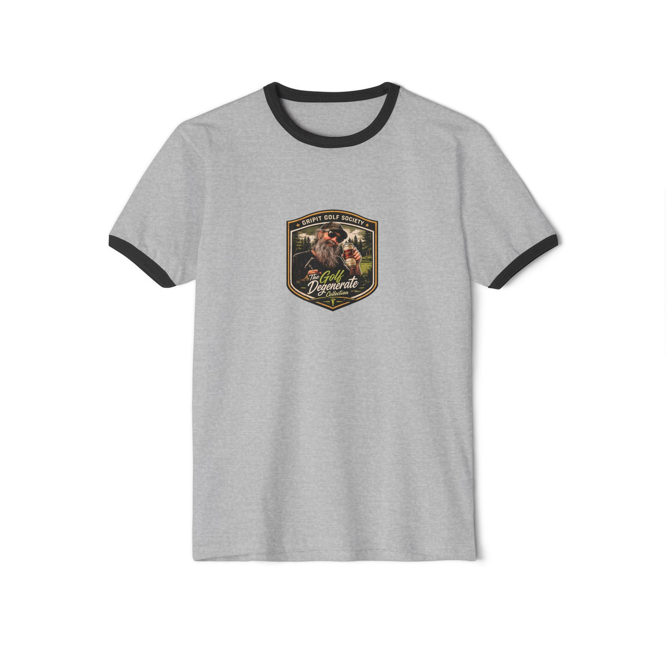 Light gray ringer t-shirt with a central emblem