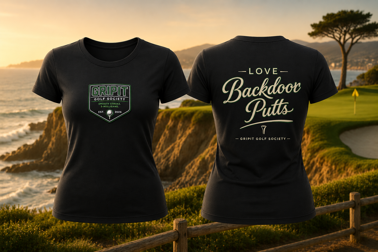 Black t-shirt with GRIPIT GOLF SOCIETY logo on front. Back reads 'LOVE Backdoor Putts'.