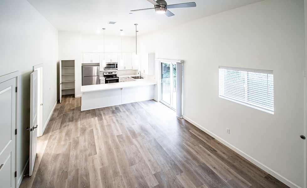 New construction open-concept living space with modern kitchen and windows