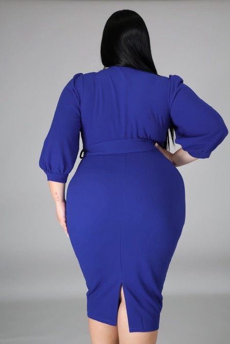 Thumbnail: Royal Blue Wrap Front V-Neck Midi Dress-back