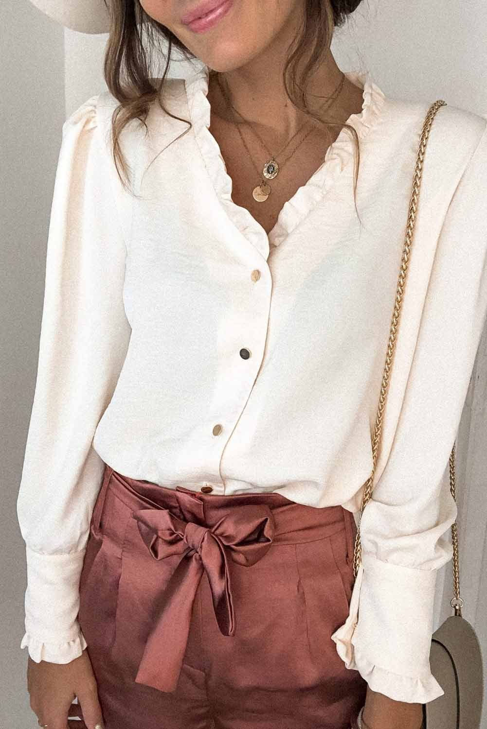 Cream Frilled V Neckline Button front Work to Evening Blouse