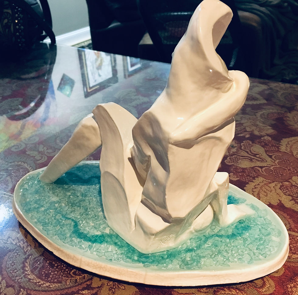 Cubist low-fire clay with glass and resin base for water effect