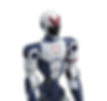 Unitree R1 with blue and white armor, red accents. Standing against a plain white background, emitting a sleek, modern vibe.