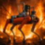 B2 Fire Robotic dog with an orange and silver body stands in front of intense flames and metal ruins, creating a dramatic scene.