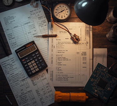 A retro-style electronics workshop composition showing invoices, price tags, calculator, r