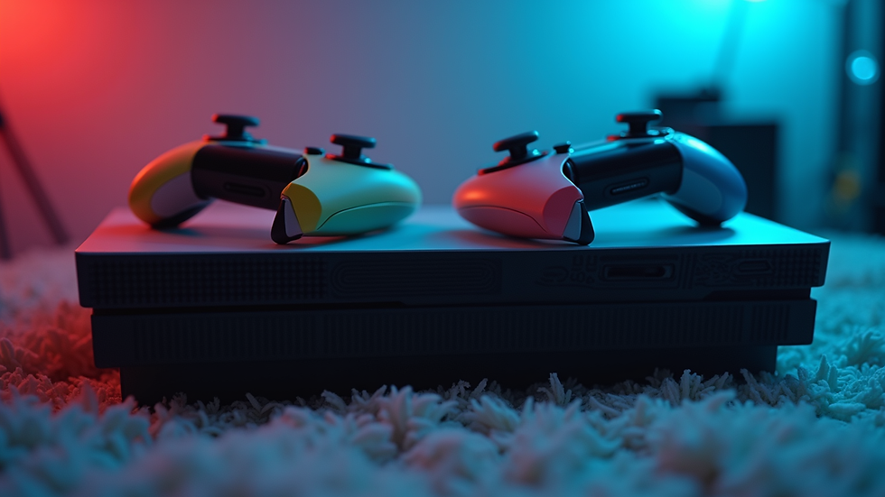 Eye-level view of a gaming console with colorful controllers