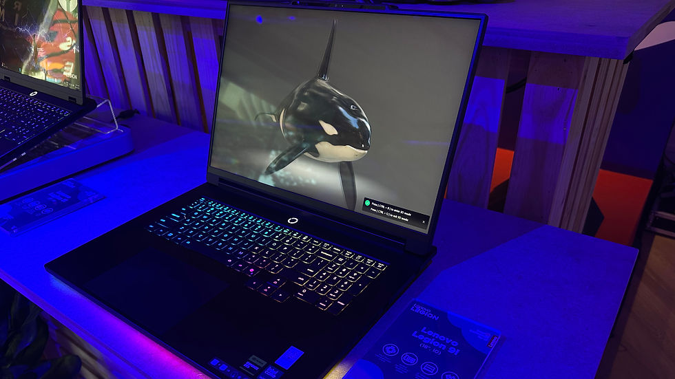 Laptop on a table displaying a 3D orca on screen. Keyboard glows with rainbow colors. Background features wooden panels and blue lighting.