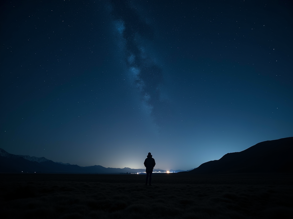 The image shows a deep night sky with shimmering starlight.