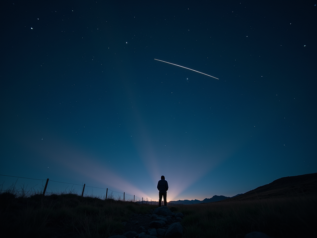 A bright shooting star streaking across a celestial night sky canvas.