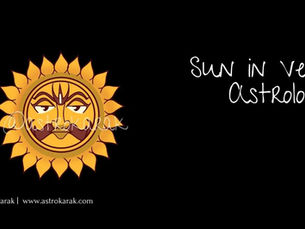 Sun face illustration with a serene expression, surrounded by orange rays on a black background. Text: "Sun in Vedic Astrology."