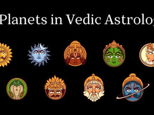 Illustrations of 9 celestial figures from Vedic Astrology on a black background. Text above reads "9 Planets in Vedic Astrology."