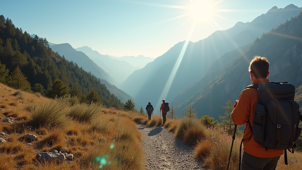 Camino de trekking con vista al cañón y montañas al fondo