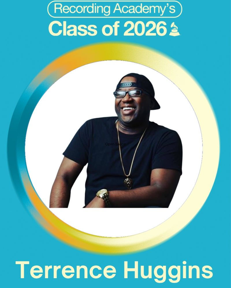 Poster of smiling man in black shirt and cap, framed by a rainbow ring on teal background, reading Recording Academy’s Class of 2026, Terrence Huggins