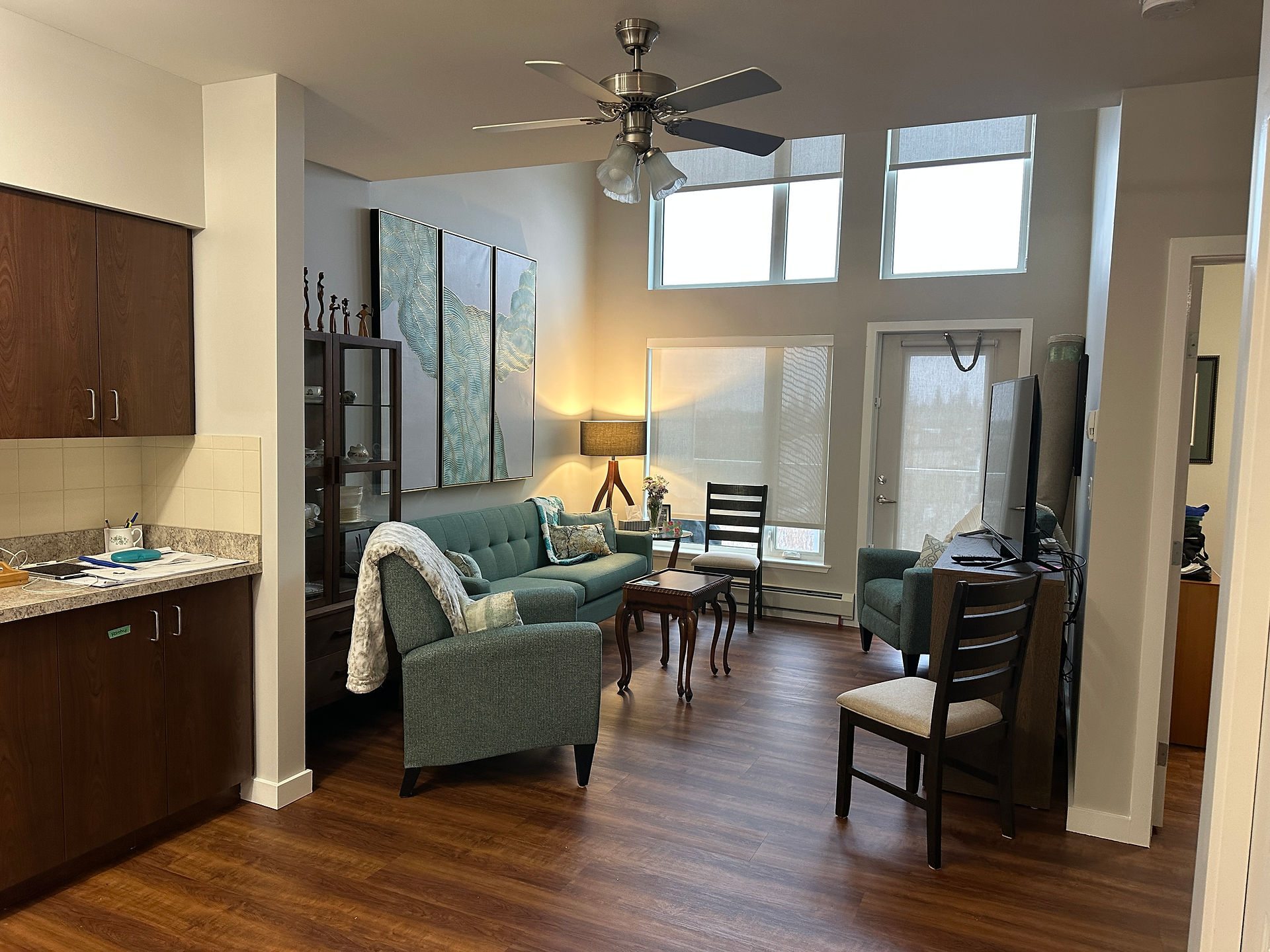 A fully furnished living room, with everything unpacked and set up after moving