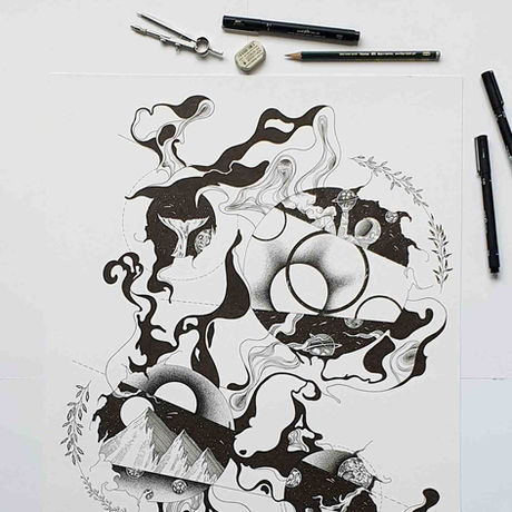 Zwart wit, fineliner op papier