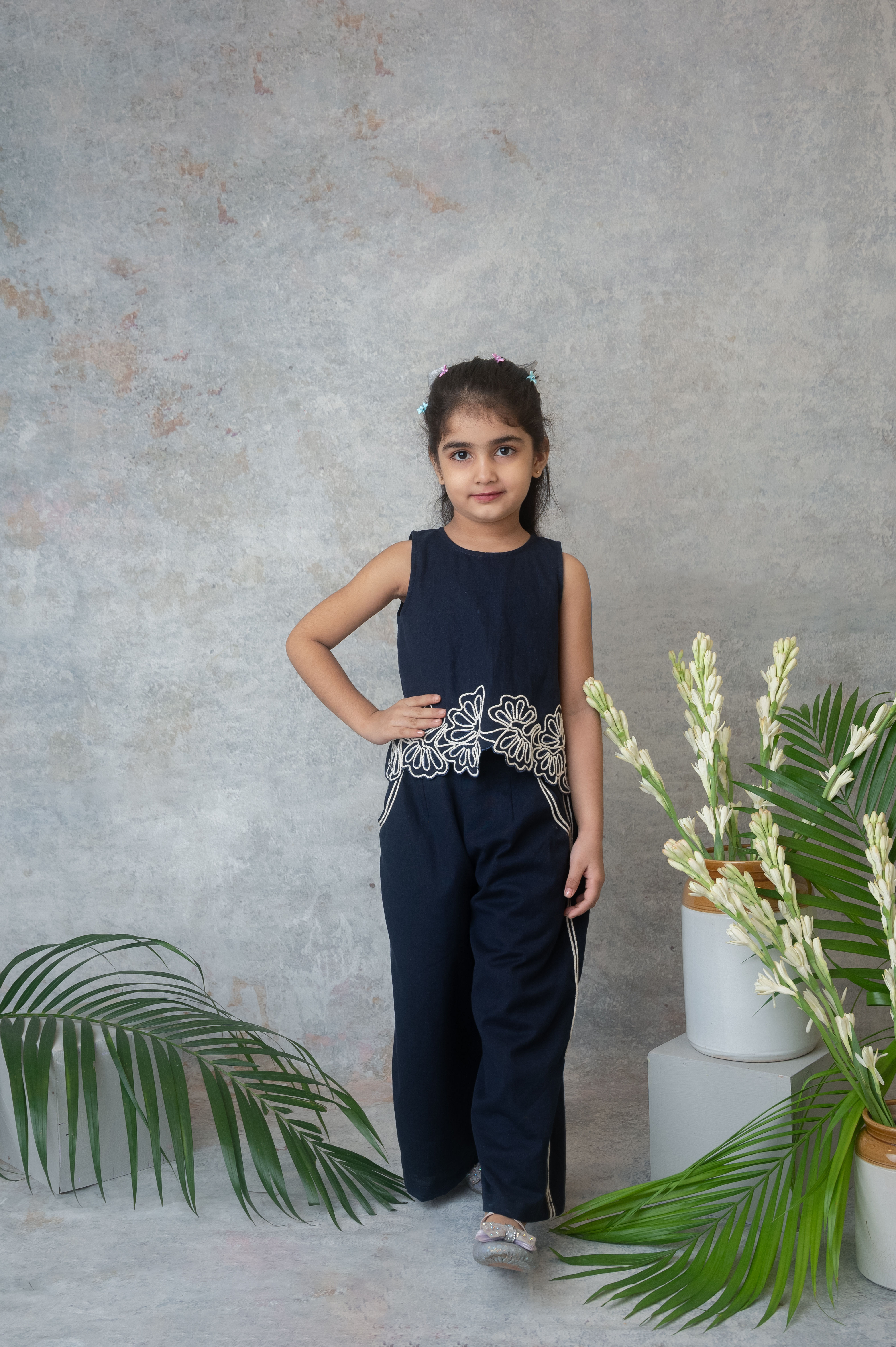Navy Blue Palazzo Set for Girls with Cutwork Embroidery