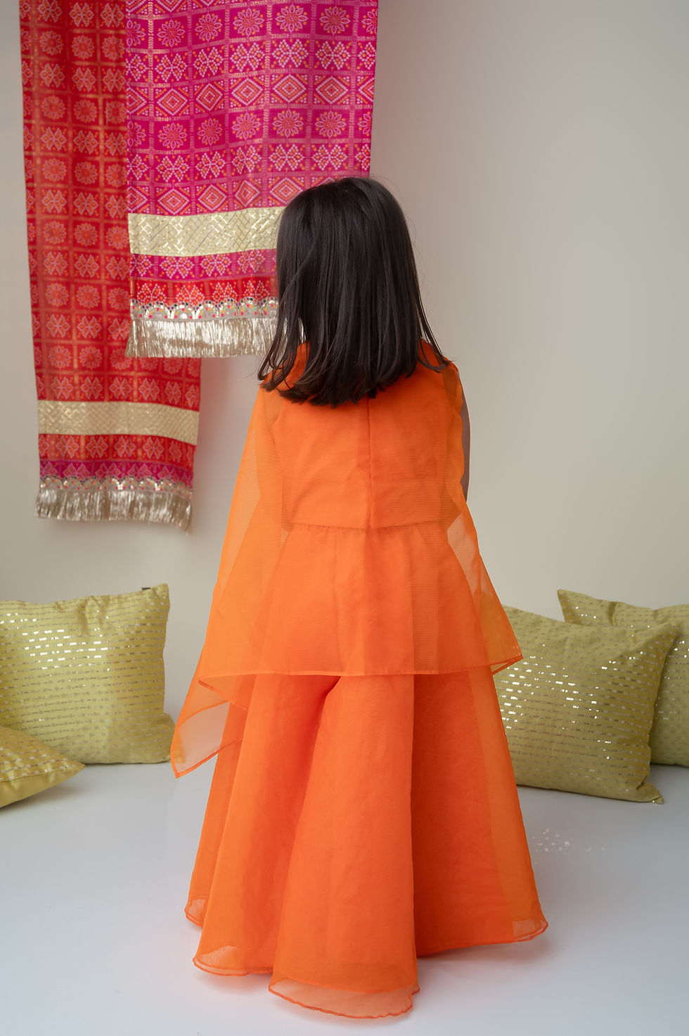 Thumbnail: Sleeveless Pin Tuck Detailed Top With Embroidered Cape And Palazzo