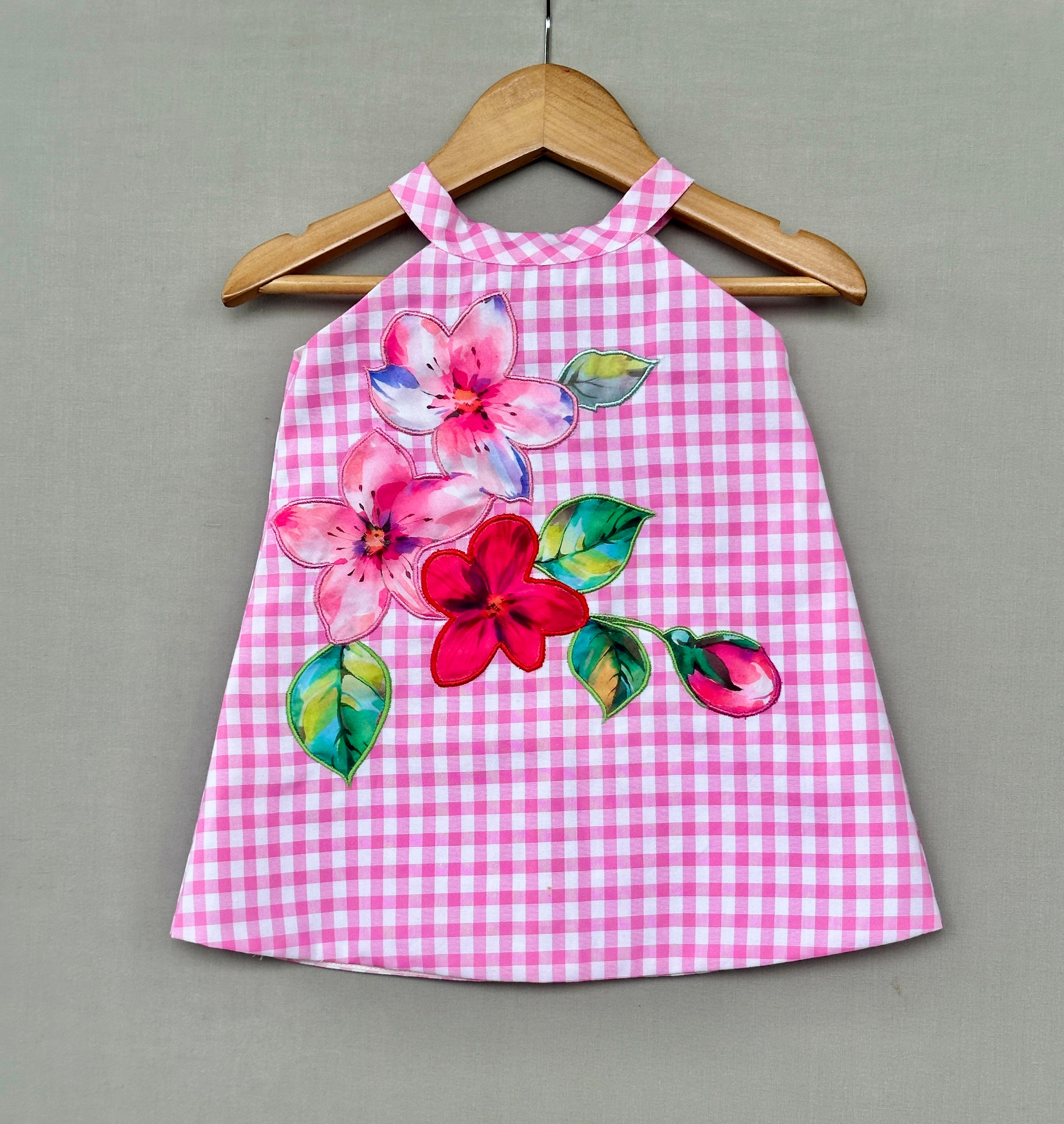 Pink Gingham Checks Applique Dress