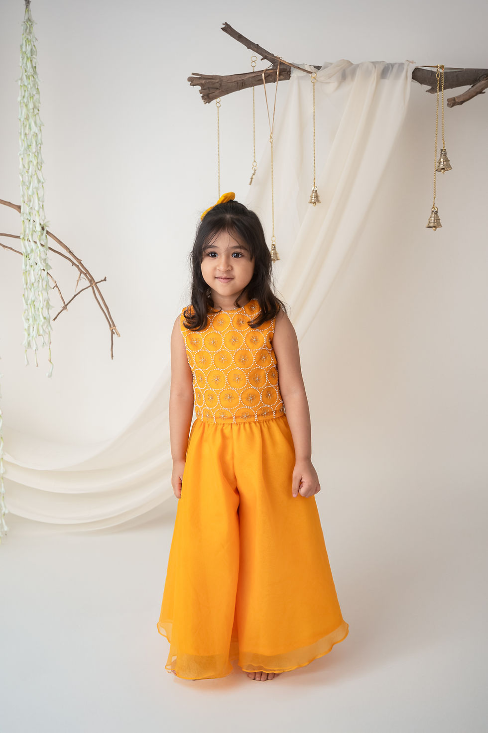 الصورة المصغرة: Yellow Hand embroidered Organza Palazzo Set