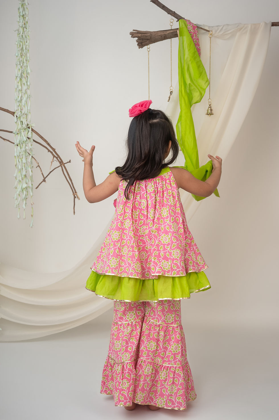 Thumbnail: Pink & Green Cotton Sharara Set with Dupatta