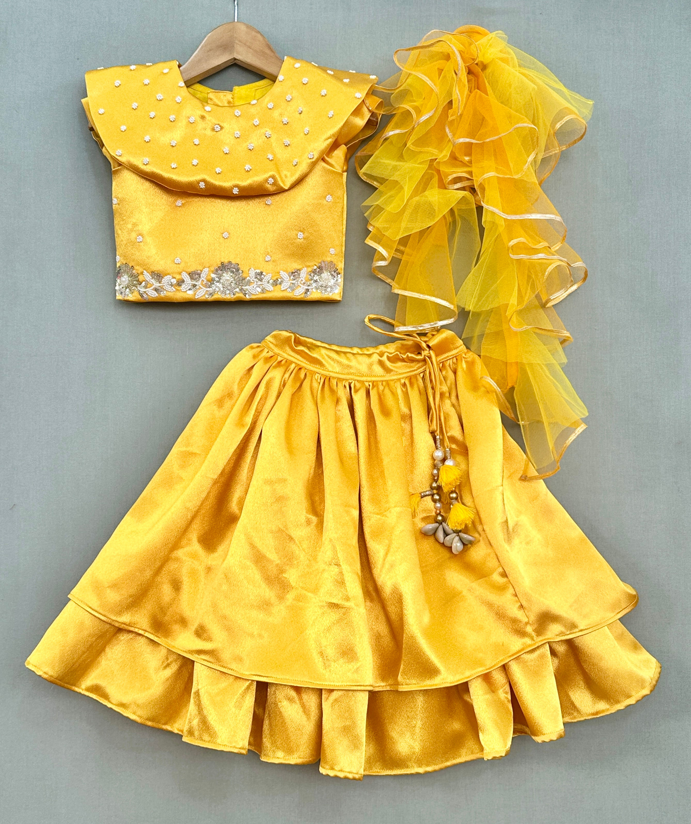 Golden Yellow Lehenga Set with Pearl & Seqiun Embroidery