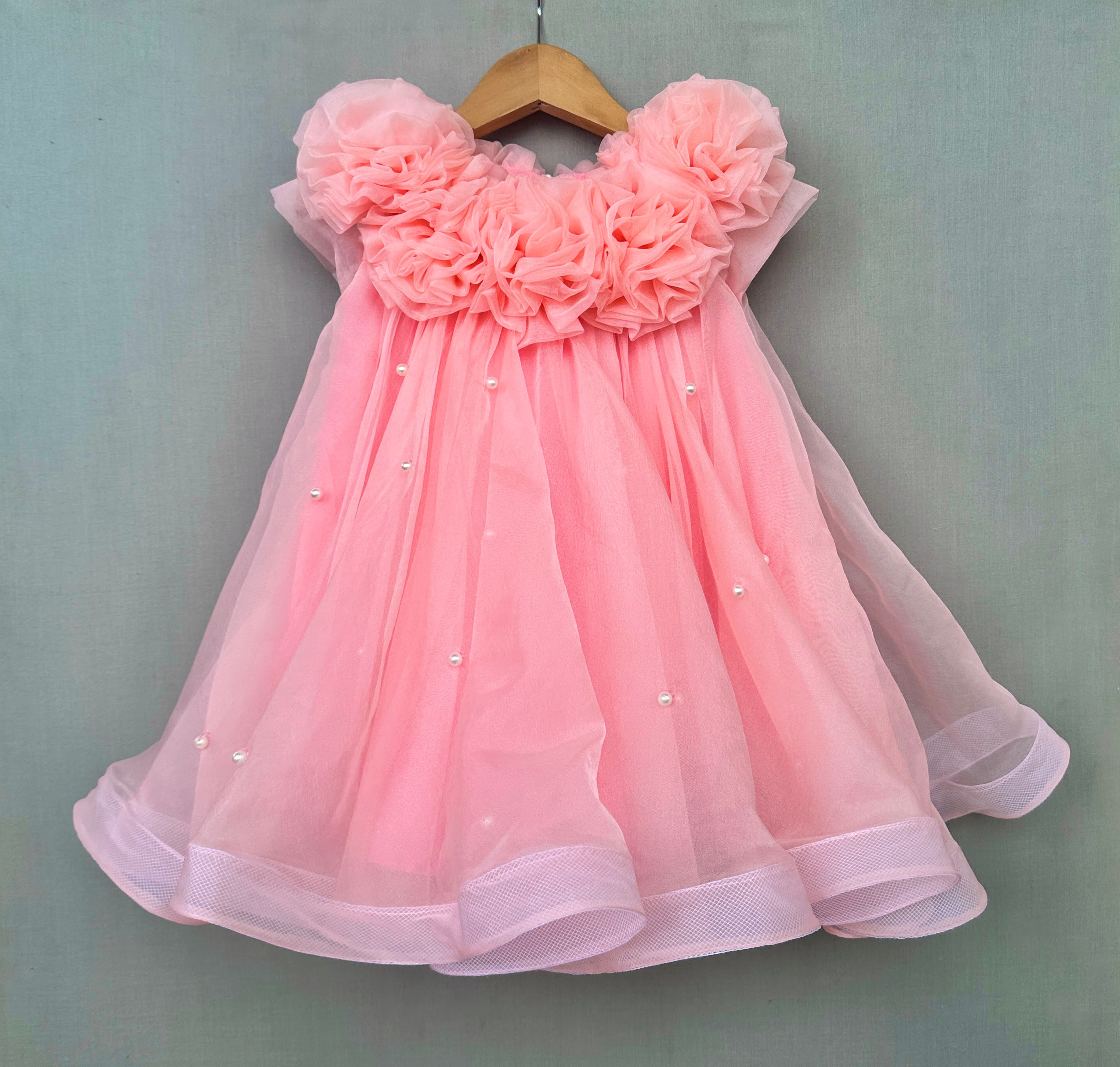 Pearl Embellished Dress with Handmade flowers in Peach