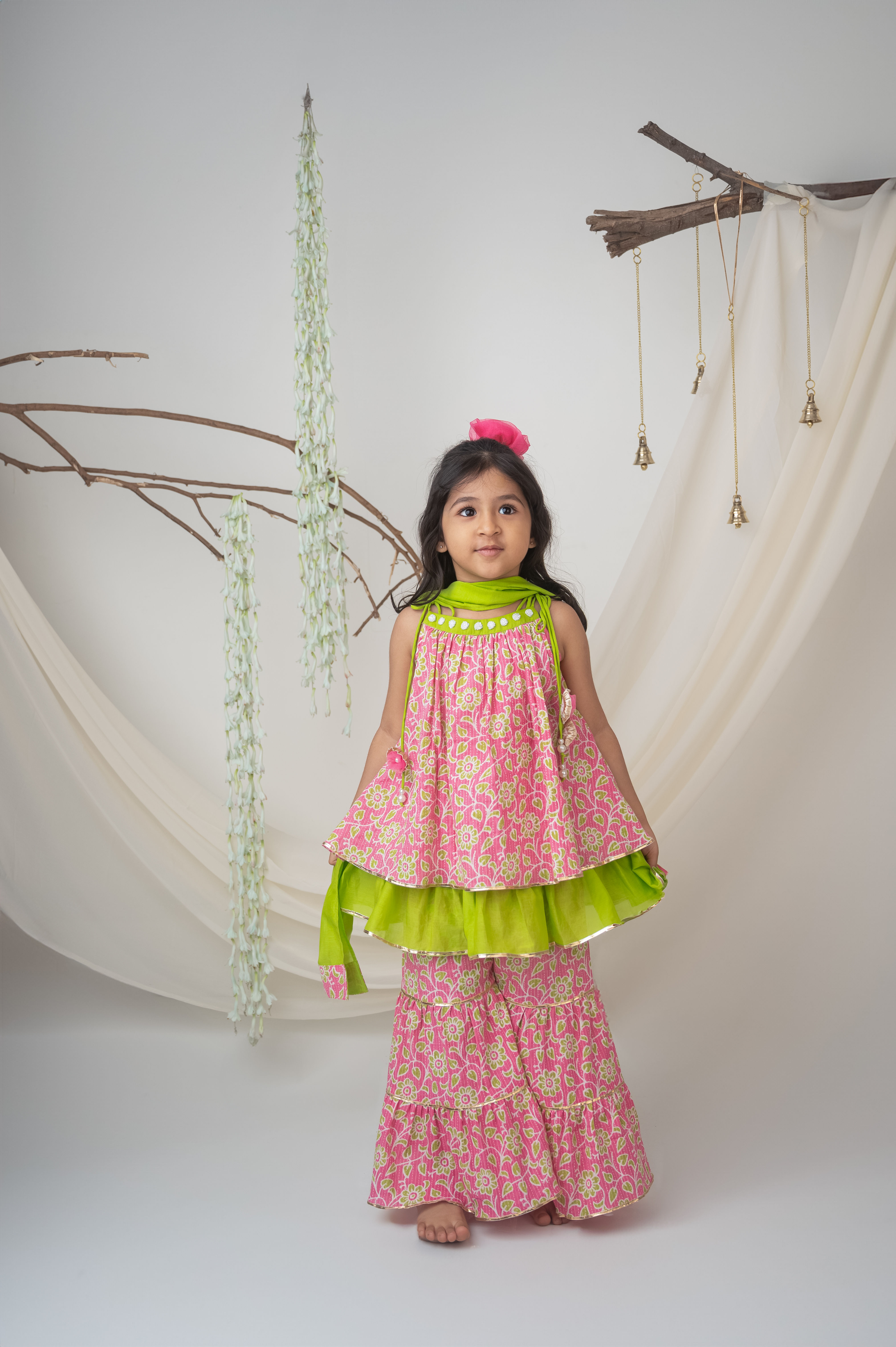 Pink & Green Cotton Sharara Set with Dupatta