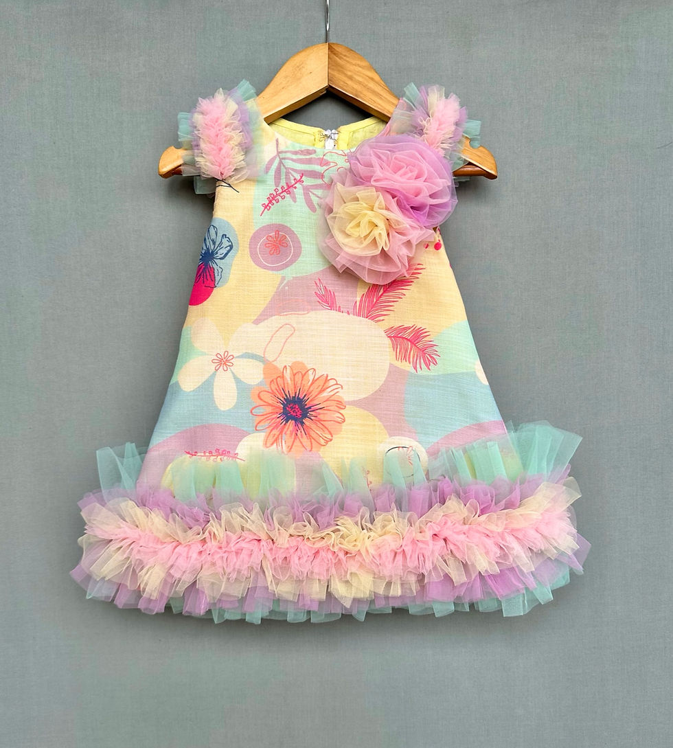 الصورة المصغرة: فستان على شكل حرف A بطبعات زهور مع كشكش متعدد الألوان على الحاشية