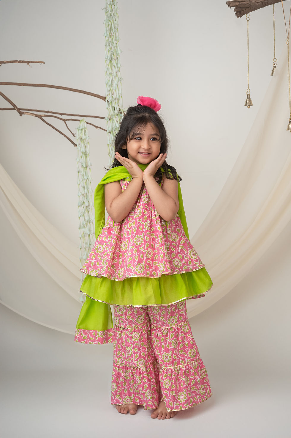 Thumbnail: Pink & Green Cotton Sharara Set with Dupatta